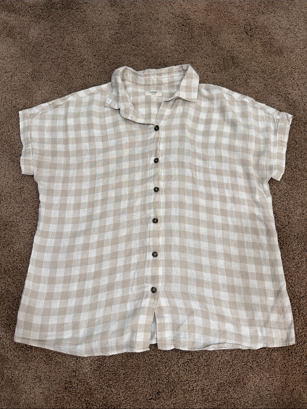 Marine Layer Beige and White Checked Linen Button-Up Blouse - Picture 1 of 5